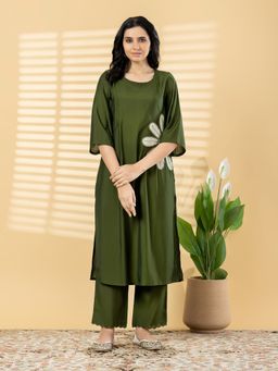 Readiprint - Women Olive Solid Sequined Work Kurta with Pant