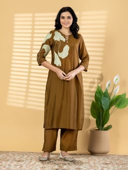 Readiprint - Women Brown Embroidered Sequined Work Kurta with Pant