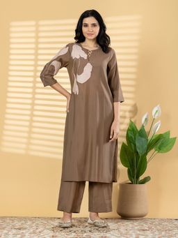 Readiprint - Women Coffee Brown Embroidered Sequined Work Kurta with Pant