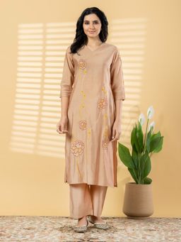 Readiprint - Women Beige Floral Embroidered Kurta with Pant