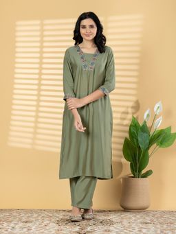 Readiprint - Women Olive Floral Embroidered Kurta with Pant