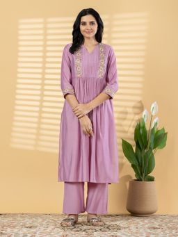 Readiprint - Women Lavender Floral Embroidered Kurta with Pant