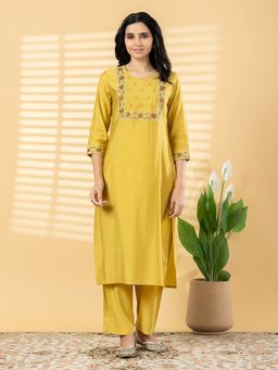 Readiprint - Women Yellow Floral Embroidered Kurta with Pant