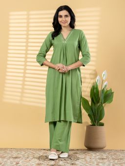 Readiprint - Women Green Solid Mirror Work Kurta with Palazzo