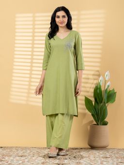 Readiprint - Women Green Solid Sequined Work Kurta with Pant