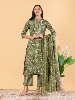 Readiprint - Women Olive Floral Leheriya Printed Kurta with Pant and Dupatta