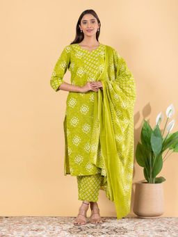 Readiprint - Women Green Printed Thread Work Kurta with Pant and Dupatta