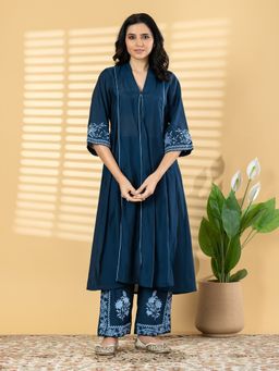 Readiprint - Women Navy Blue Floral Embroidered Kurta with Pant