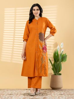 Readiprint - Women Orange Floral Embroidered Kurta with Pant