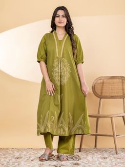 Readiprint - Women Olive Floral Printed Kurta with Pant