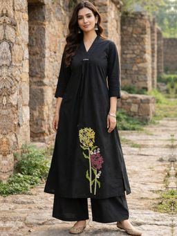 Readiprint - Women Black Floral Embroidered Kurta with Palazzo