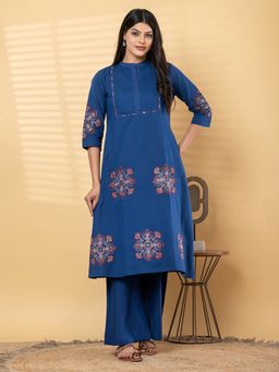 Readiprint - Women Blue Printed Thread Work Kurta with Pant