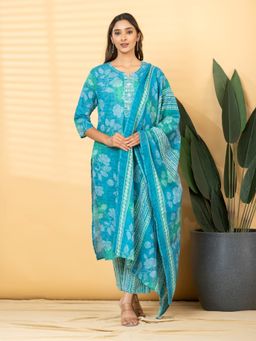 Readiprint - Women Blue Floral Printed Kurta with Pant and Dupatta