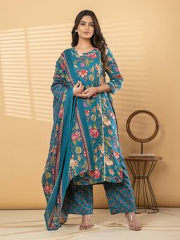 Readiprint - Women Teal Floral Printed Kurta with Pant and Dupatta