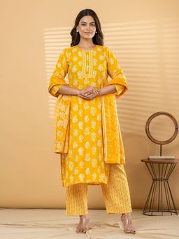Readiprint - Women Yellow Floral Printed Kurta with Pant and Dupatta