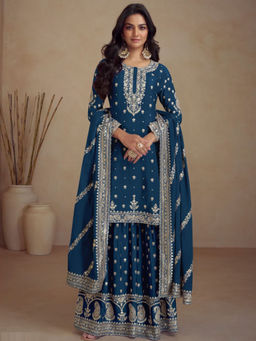 Odette - Navy Blue Embroidered Semi-Stitched Kurta with Bottom and Dupatta (Set of 3)