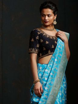 WeaverStory - Black Raw Silk Blouse with Zardozi Embroidery