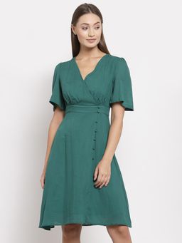 Ayrolane - Green Printed V Neck Fit Dress