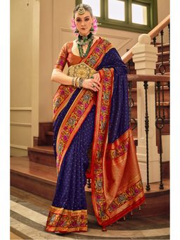 Mysilklove - Port Gore Navy Blue Floral Printed Banarasi Saree with Unstitched Blouse