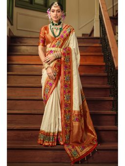 Mysilklove - Chamois Cream Floral Printed Banarasi Saree with Unstitched Blouse