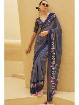 Mysilklove - Mulled Navy Blue Floral Printed Georgette Saree with Unstitched Blouse