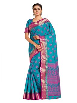 Mimosa - Teal Kanjivaram Style Art Silk Saree With Unstitched Blouse