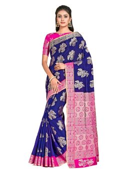 Mimosa - Navy Blue Kanjivaram Style Art Silk Saree With Unstitched Blouse