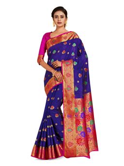 Mimosa - Navy Blue Dharmavaram Style Art Silk Saree With Unstitched Blouse