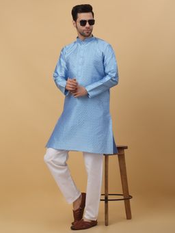 Kraft India - Mens Silk Blend Checks Jacquard Blue Kurta