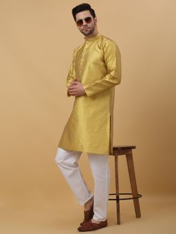 Kraft India - Mens Silk Blend Checks Jacquard Yellow Kurta