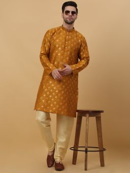 Kraft India - Mens Silk Blend Jacquard Gold Print Yellow Kurta