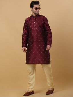 Kraft India - Mens Silk Blend Jacquard Wine Kurta