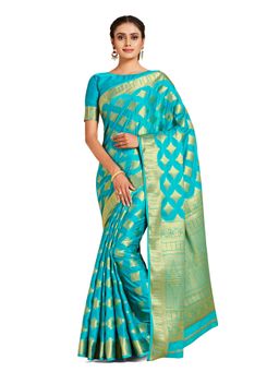 Mimosa - Turquoise Mysore Silk Style Crepe Saree With Unstitched Blouse