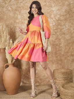 InWeave - Peach Orange Print Short Dress