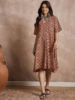 InWeave - Maroon Mustard Ajrakh Collar Dress