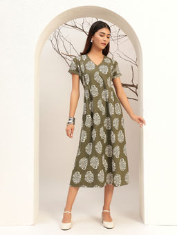 Bani Women - Olive Green Printed Fit & Flare Midi Length Dress