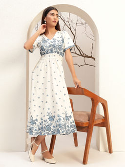 Bani Women - Blue Color Floral Printed Fit & Flare Midi Length Dress