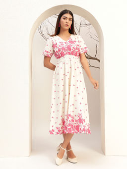 Bani Women - Pink Color Floral Printed Fit & Flare Midi Length Dress