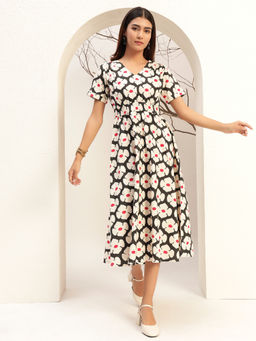 Bani Women - Black Color Floral Printed Fit & Flare Midi Length Dress