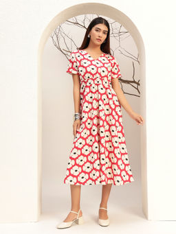 Bani Women - Red Color Floral Printed Fit & Flare Midi Length Dress