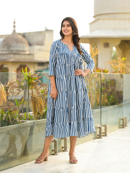 Jaipuri Adaah - Classic Navy Stripes Tiered Midi Dress