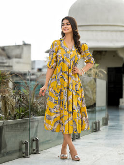 Jaipuri Adaah - Yellow Safari Puff Sleeves Midi Dress