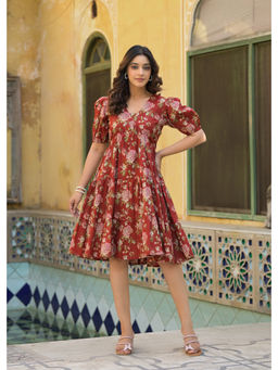 Jaipuri Adaah - Scarlet Red Handblock Printed Cotton Dress