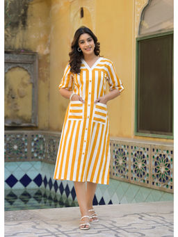 Jaipuri Adaah - Mango Yellow Handblock Printed Cotton Dress