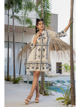 Jaipuri Adaah - Tribal Embroidered Off White Short Dress
