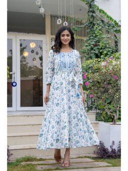 Jaipuri Adaah - Bohemian Blue Embroidered Handblock Printed Maxi Dress