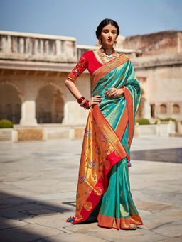 Odette - Dark Green Silk Blend Saree with Unstitched Blouse