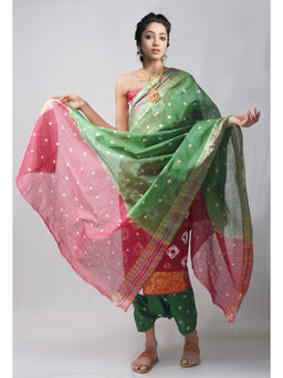 Unnati Silks - Unstitched Red Pure Bandhani Cotton Salwar Kameez (Set of 3)