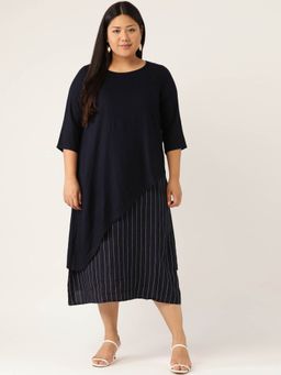 theRebelinme - Plus Size Womens Navy Blue Striped Layered A-Line Dress
