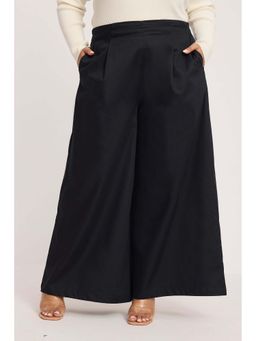 Virgio - Black Solid Cotton High-Waist Plus Size Trouser